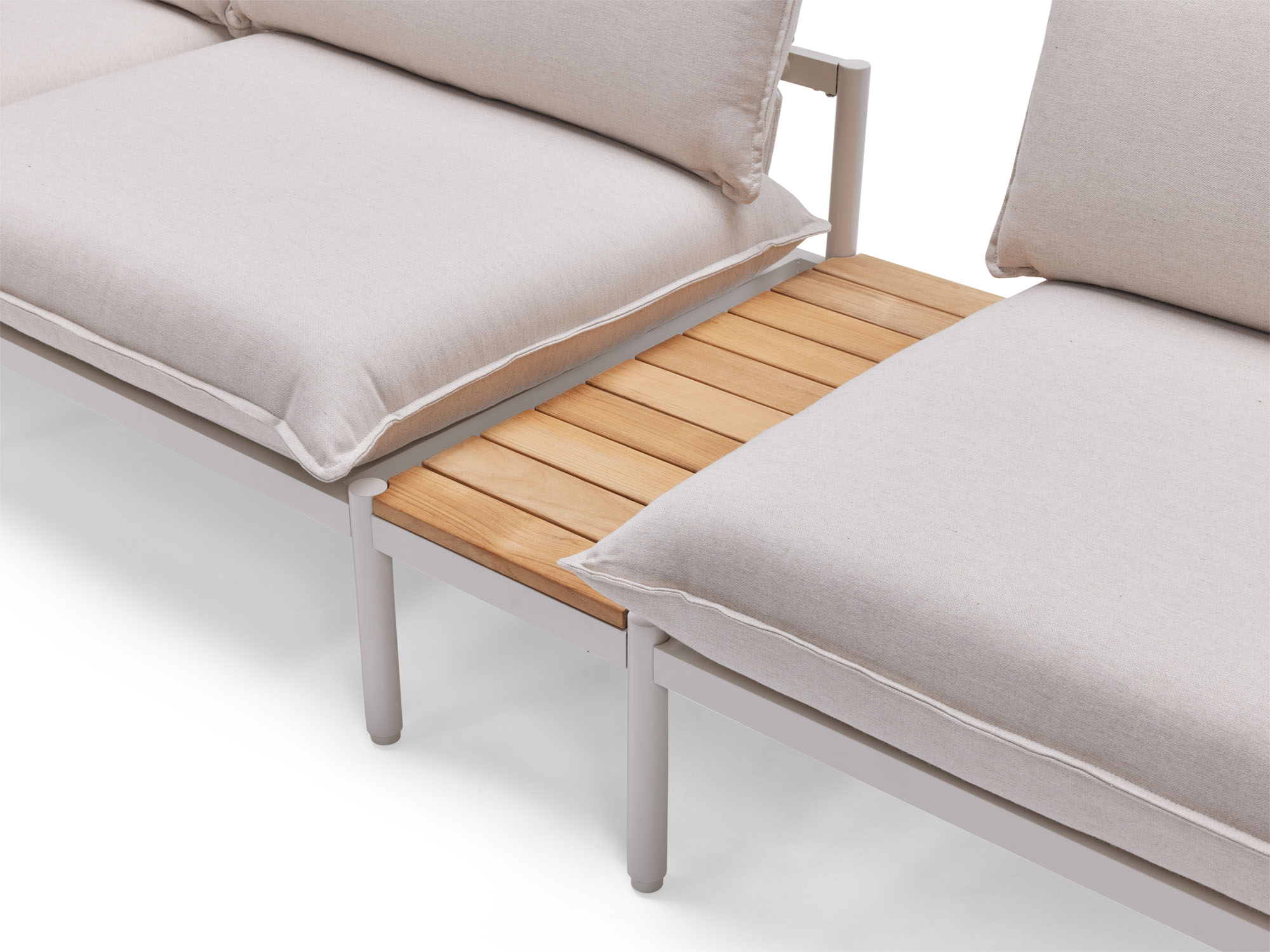 Front angle view of wood and white small outdoor end table